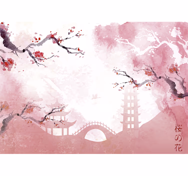 Papier peint salon jardin japonais tons rose - TenStickers