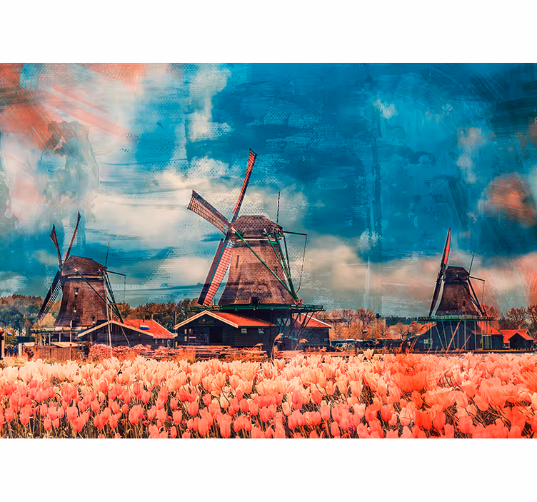 Tapisserie ville champs de tulipes et moulins à vent - TenStickers