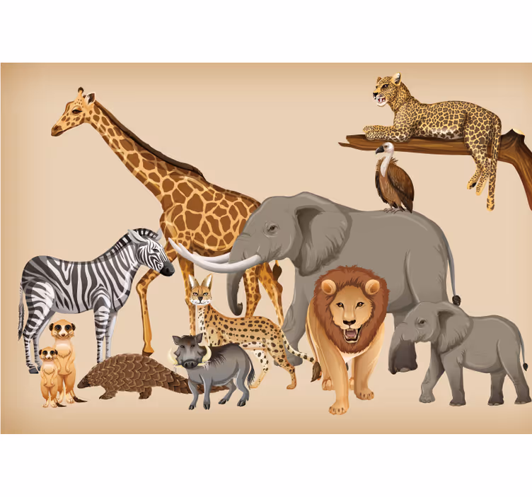 Papier peint mural d'animaux Léopard sur arbre et différents anim - TenStickers