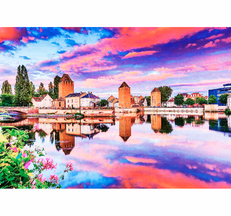 Tapisserie ville reflet du coucher de soleil à strasbourg - TenStickers