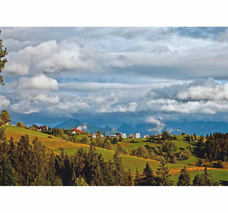 Tapisserie murale paysage vue de campagne montagneuse - TenStickers