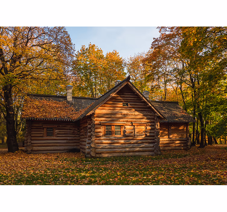 Tapisserie murale paysage cabane en rondins d'automne - TenStickers