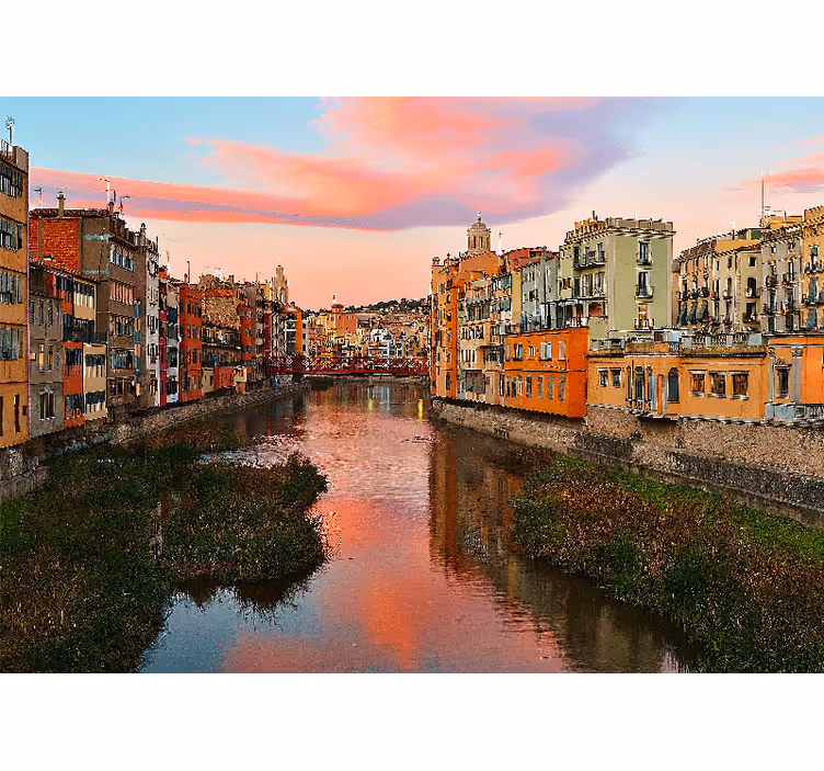 Tapisserie ville coucher de soleil sur la rivière girona - TenStickers