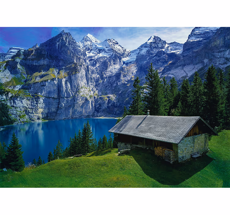 Papier peint nature Cabane au bord du lac et des montagnes - TenStickers