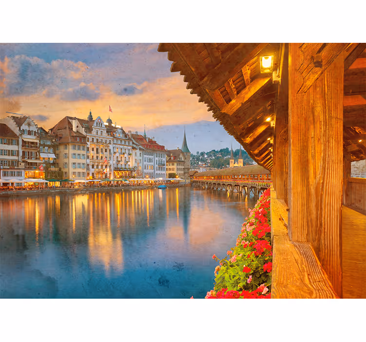 Tapisserie ville architecture historique au bord du lac - TenStickers