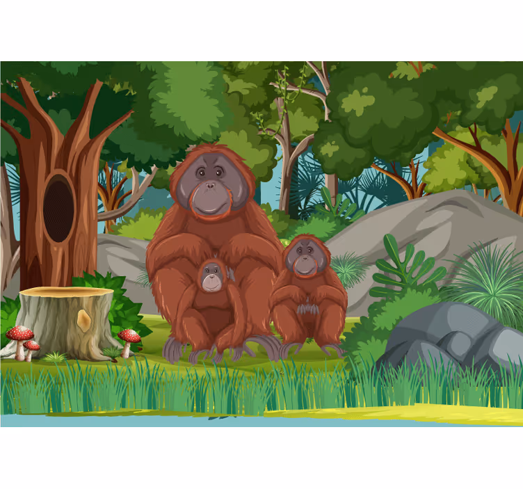 Tapisserie murale animaux scène de famille orang-outans - TenStickers