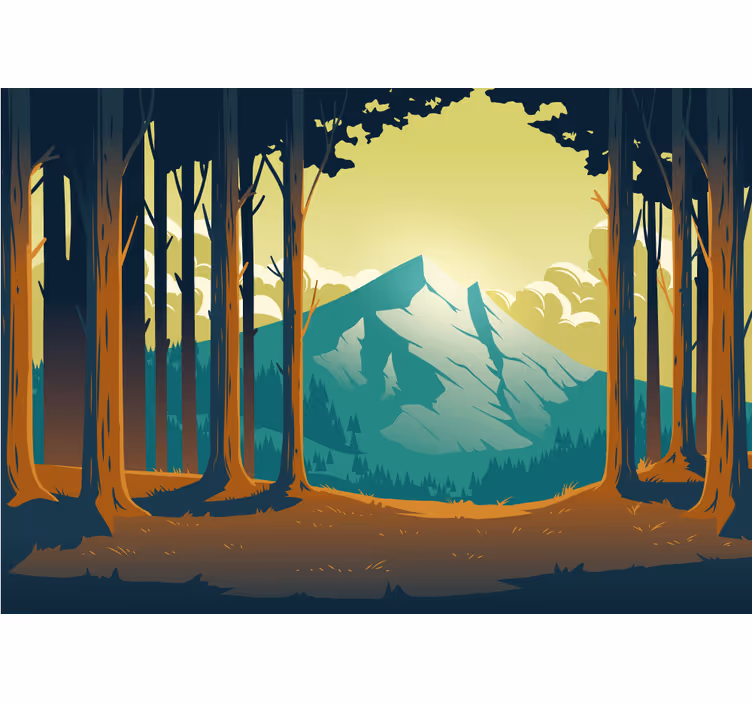 Papier peint mural forets Forêt de dessin animé avec montagne - TenStickers