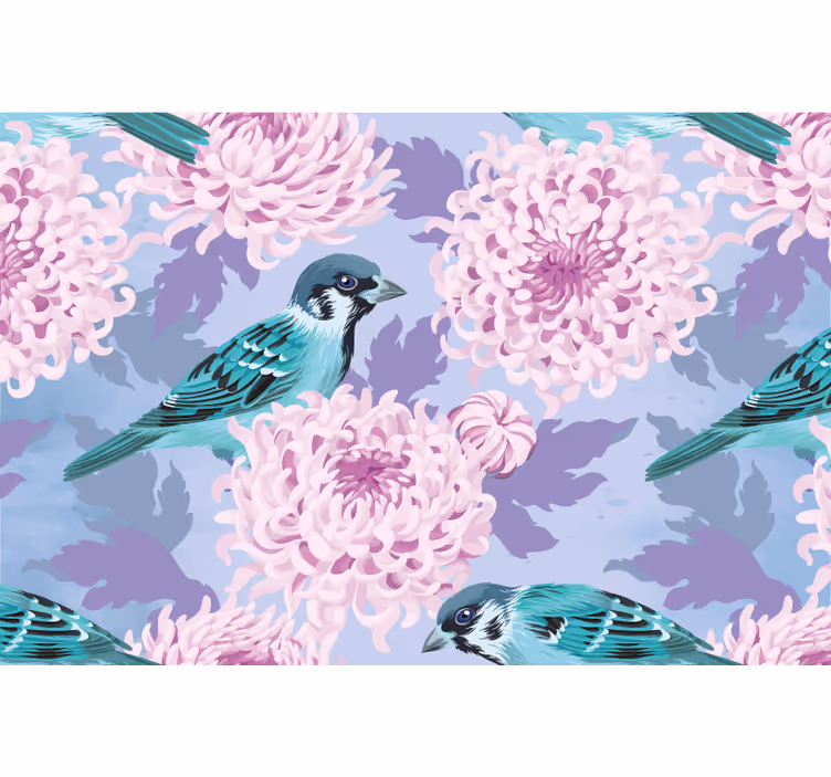 Papier peint fleuri Fleurs de jardin roses avec des oiseaux - TenStickers