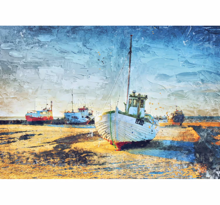 Tapisserie ville bateaux de pêche en bord de mer - TenStickers