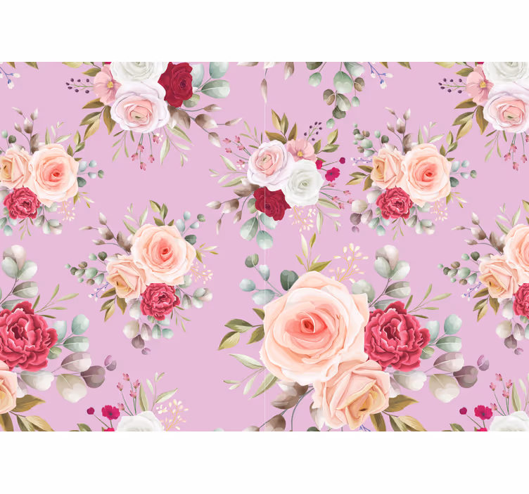 Papier peint fleuri Design vintage avec un fond rose - TenStickers