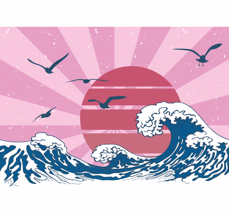 Tapisserie murale paysage vagues et coucher de soleil - TenStickers