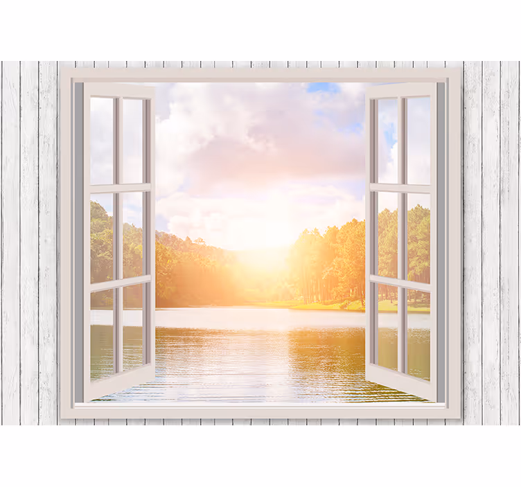 Photo murale 3D fenêtre lumière soleil et lac - TenStickers