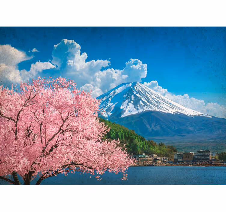 Tapisserie murale paysage montagnes et cerisiers - TenStickers