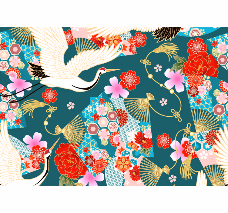 Tapisserie murale animaux grues et fleurs - TenStickers
