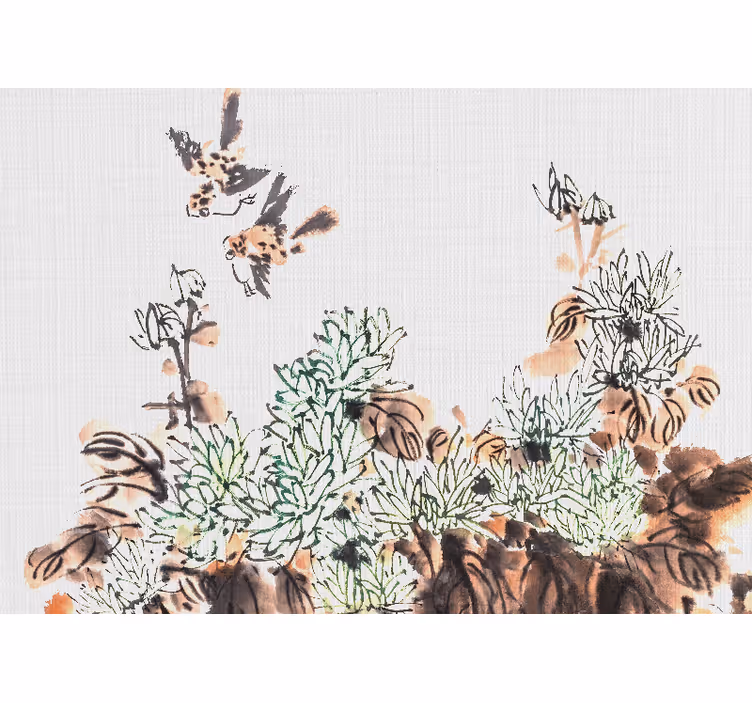 Tapisserie salon oiseaux parmi le feuillage - TenStickers