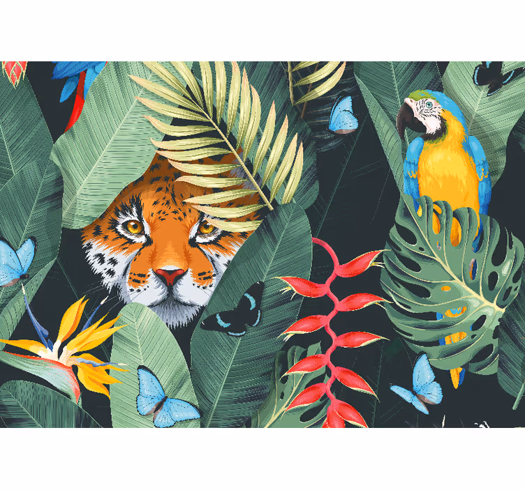 Tapisserie murale animaux tigre et perroquet - TenStickers