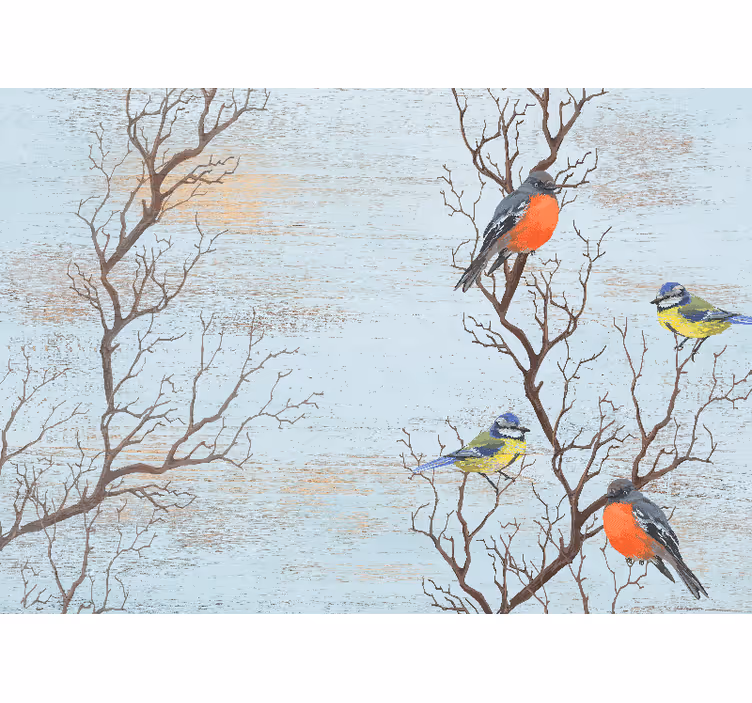 Papier peint vintage Arbres bleus avec des oiseaux - TenStickers