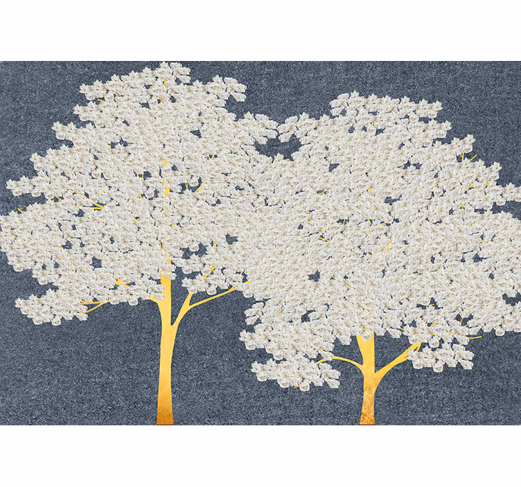 Papier peint mural de fleurs Arbres dorés à fleurs blanches - TenStickers
