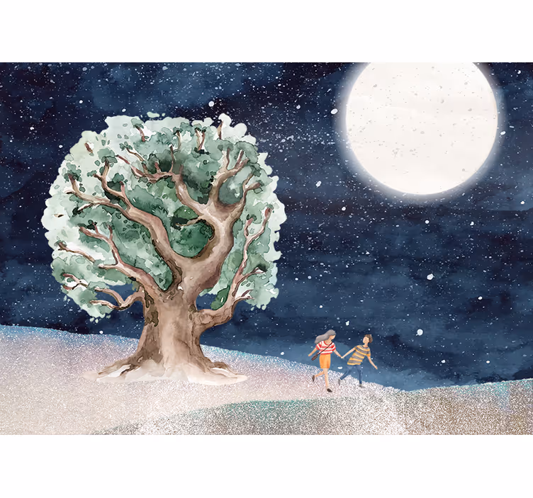 Tapisserie nature aventure sous un arbre au clair de lune - TenStickers