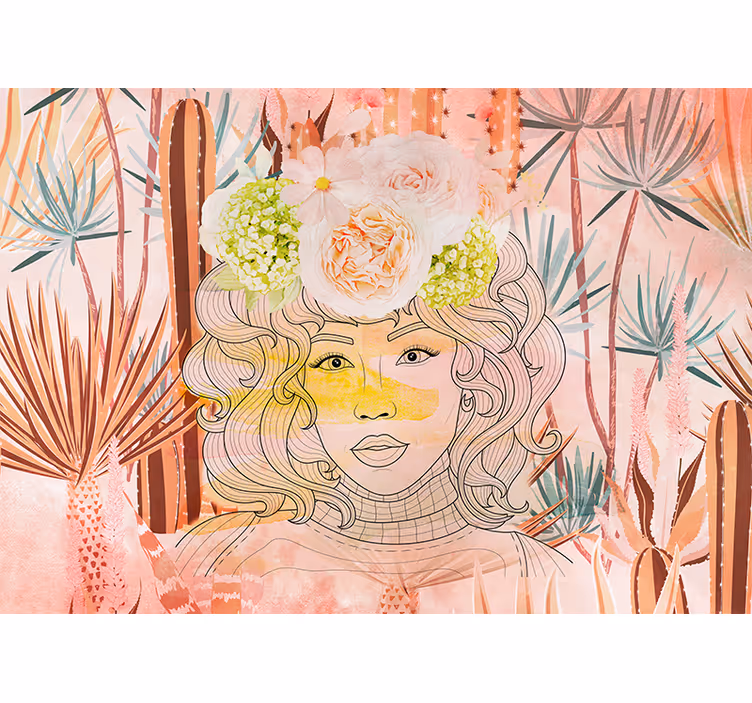 Tapisserie murale art portrait floral illustration - TenStickers
