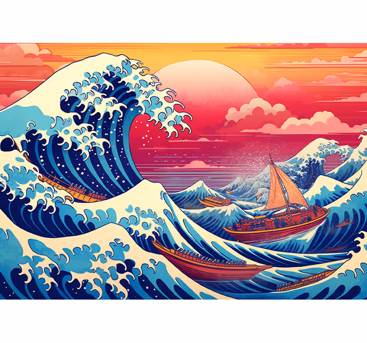 Tapisserie murale vague kanagawa japon rose - TenStickers