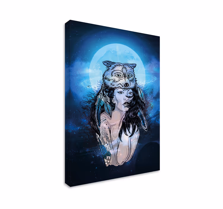 Tableau vintage Loup lune femme - TenStickers