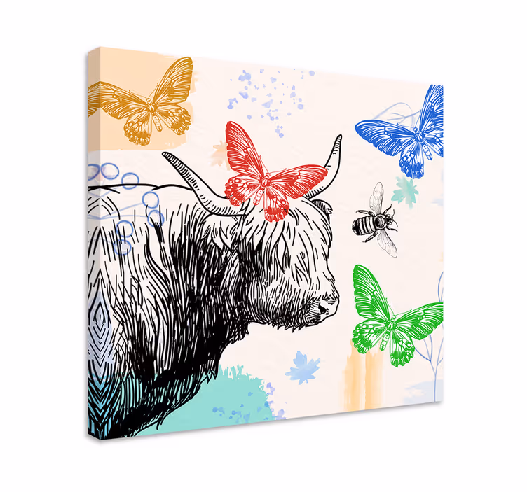 Tableau animaux vache des highlands et papillons - TenStickers