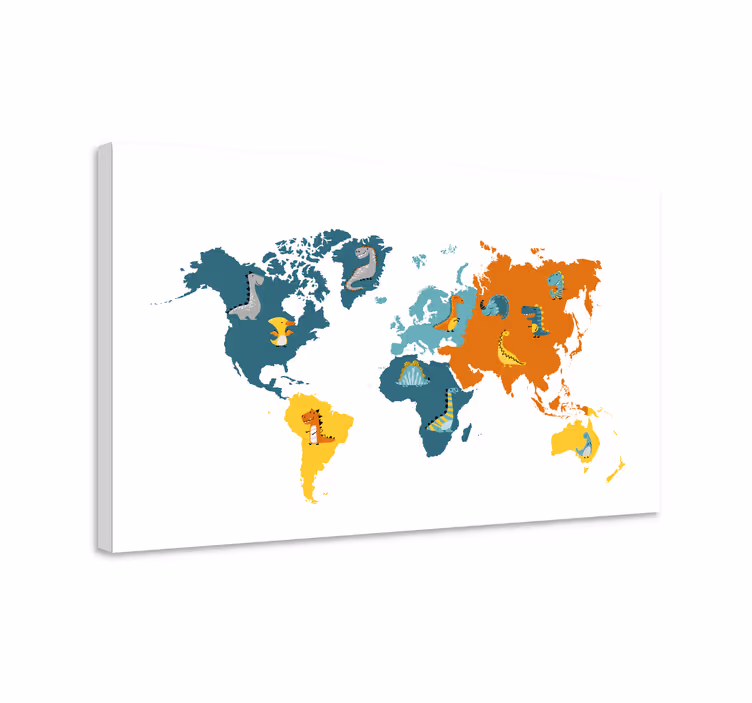 Tableau carte du monde Dinosaure bleu et orange - TenStickers