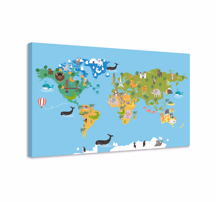 Tableau carte du monde Animaux de dessin animé - TenStickers