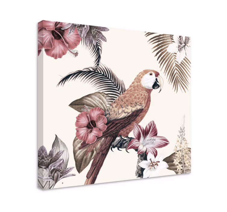 Tableau vintage Perroquet coloré avec des fleurs roses - TenStickers