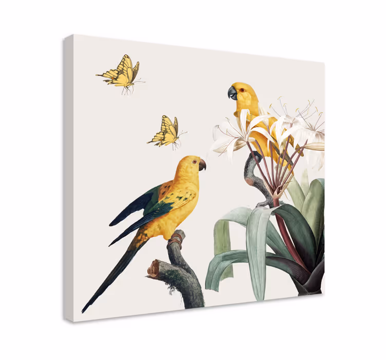 Tableau vintage Perroquets à fleurs jaunes et papillons - TenStickers
