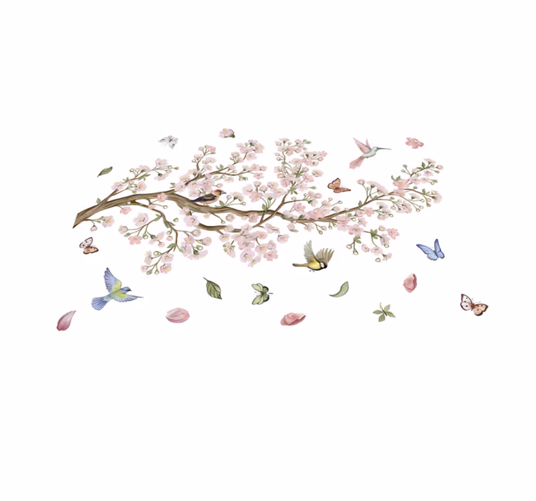 Tapis vinyle fleurs et plantes cerisier en fleurs et oiseaux - TenStickers