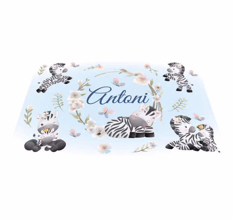 Tapis vinyle animal zèbres bébés avec prénom - TenStickers