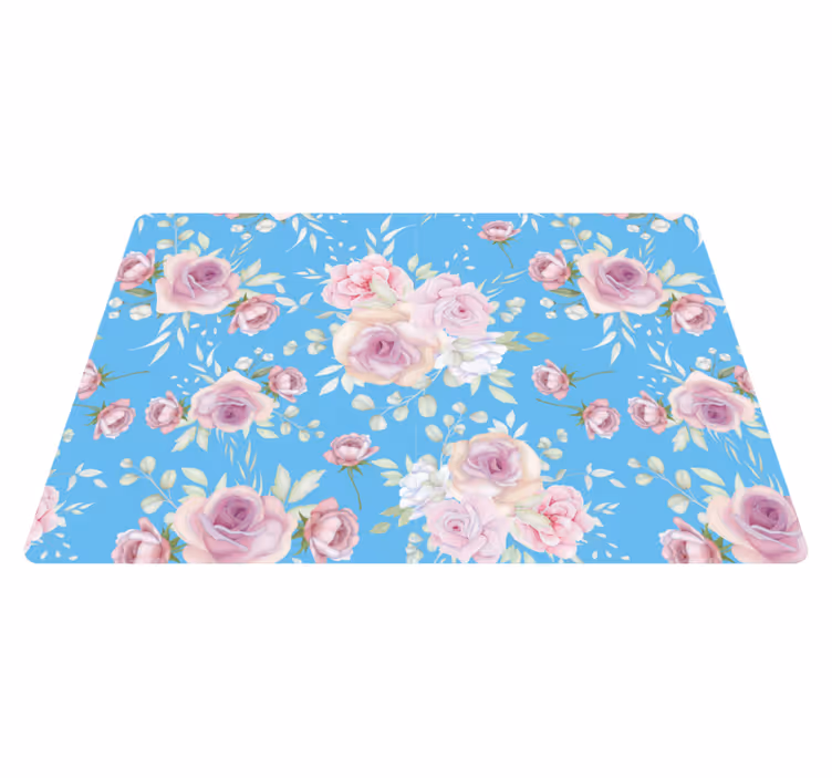 Tapis vinyle fleurs et plantes roses sur fond bleu - TenStickers