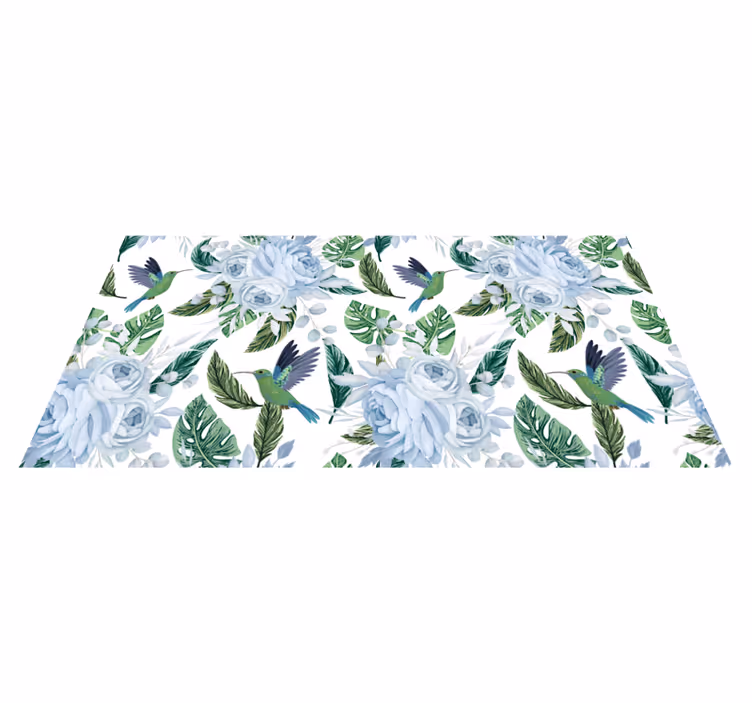 Tapis vinyle fleurs et plantes jardin bleu avec oiseaux - TenStickers