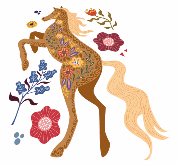 Tapis vinyle fleurs et plantes cheval sauvage folklorique - TenStickers