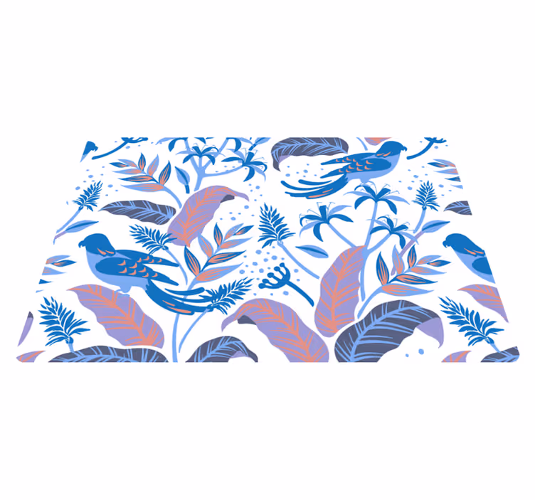 Tapis vinyle nature oiseaux roses et bleus sur feuilles - TenStickers
