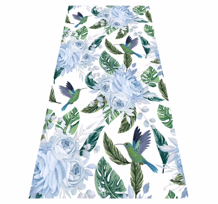 Tapis vinyle cuisine fleurs de jardin bleues et oiseaux - TenStickers