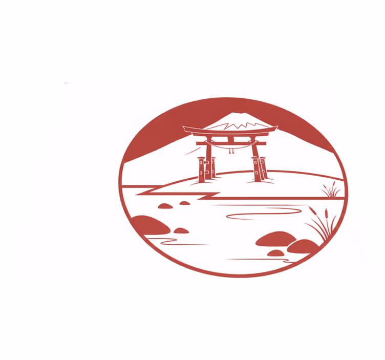 Tapis vinyle rouge structure japonaise avec lac et montagnes - TenStickers