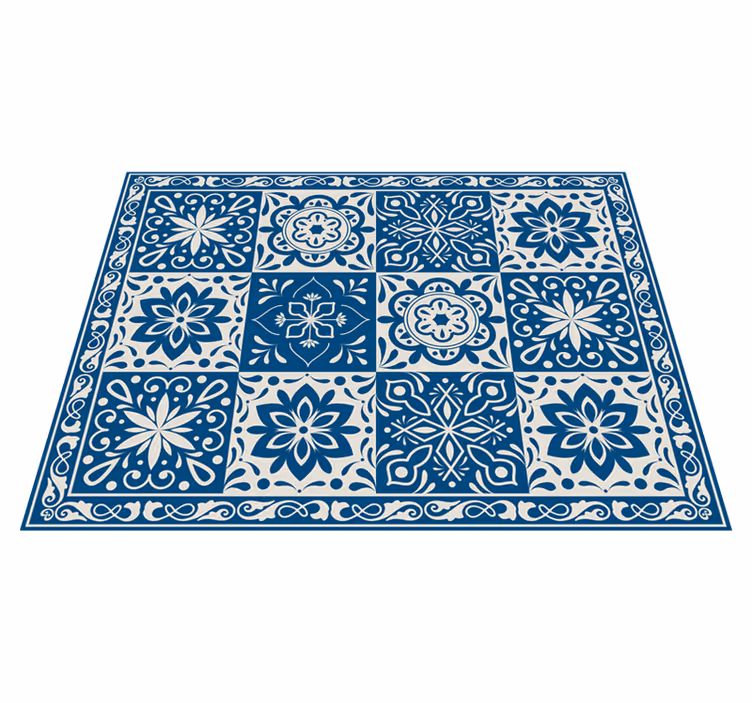 Tapis vinyle cuisine à carreaux bleus motif floral - TenStickers