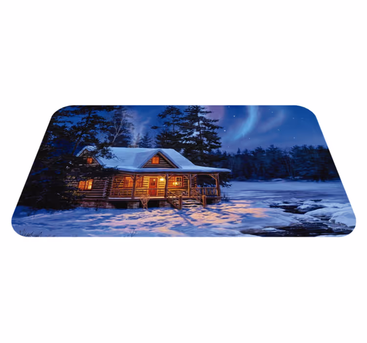 tapis vinyle salon Terrain d'hiver avec chalet - TenStickers