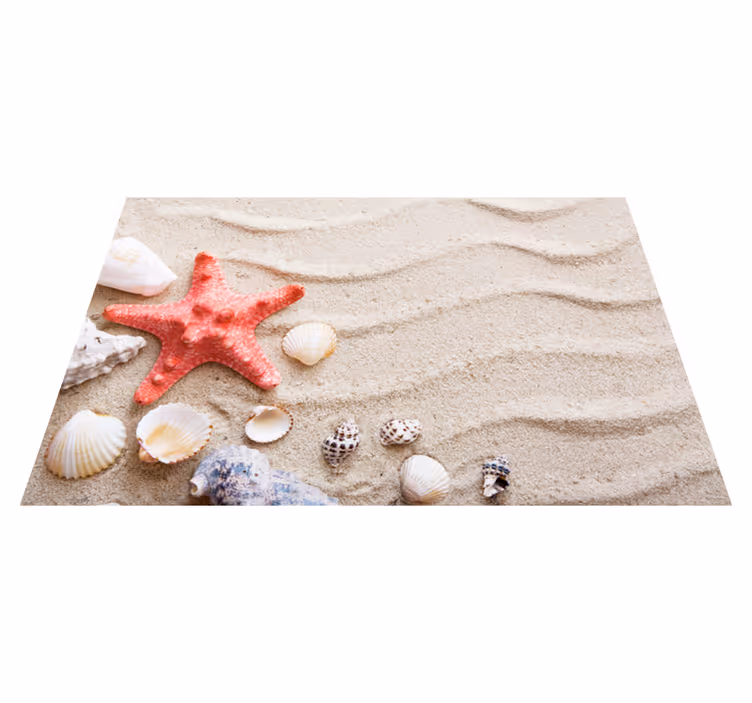 Tapis vinyle étoile de mer et coquillages sur le sable - TenStickers