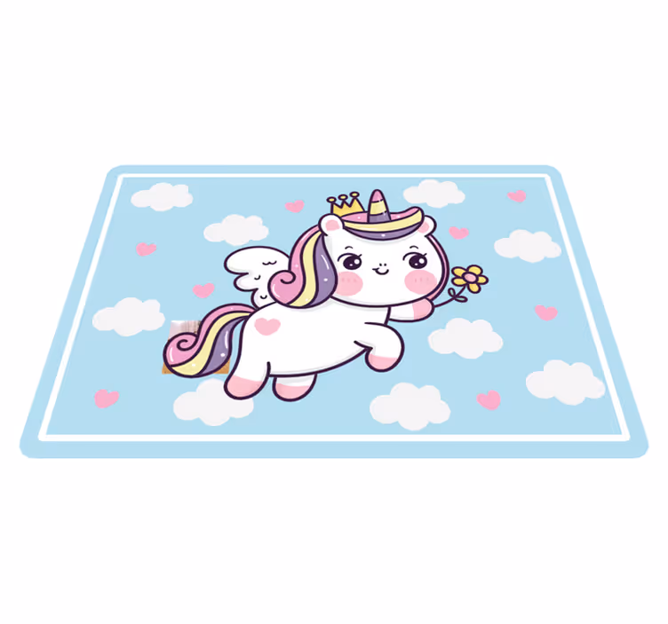 Tapis vinyle chambre bebe Bébé licorne sur arc-en-ciel - TenStickers