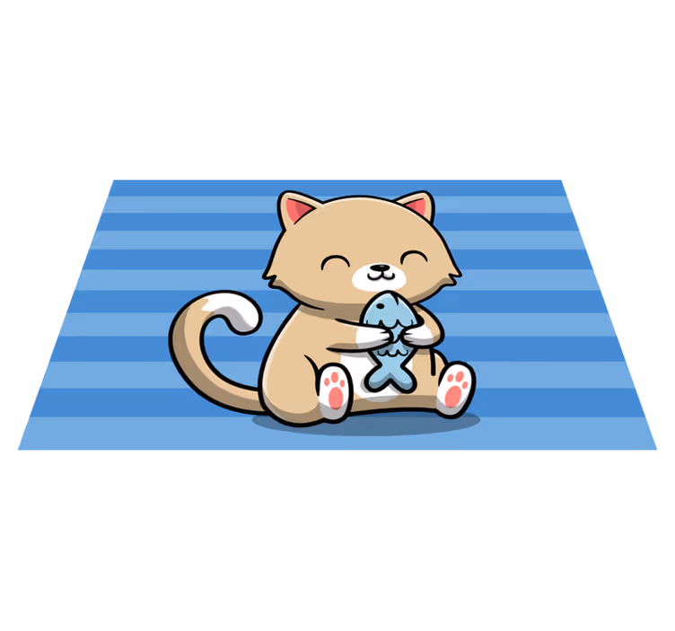 Tapis vinyle animal chat mignon avec du poisson - TenStickers