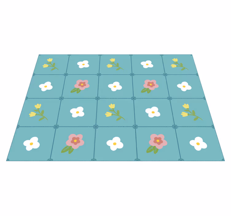 Tapis vinyle fleurs et plantes motif de carreau floral bleu - TenStickers