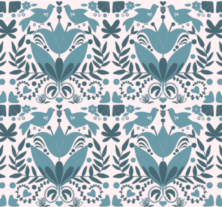 Papier peint cuisine motif folklorique bleu avec oiseaux - TenStickers