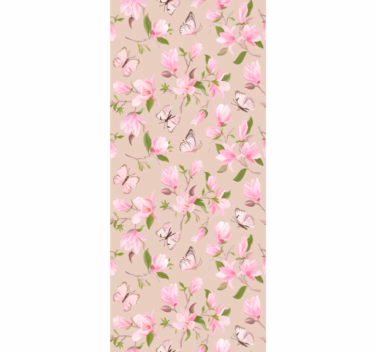 Papier peint fleuri design magnolia rose et papillon - TenStickers