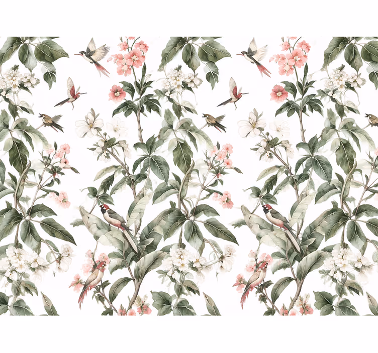 Papier peint feuillage fleurs roses et blanches - TenStickers