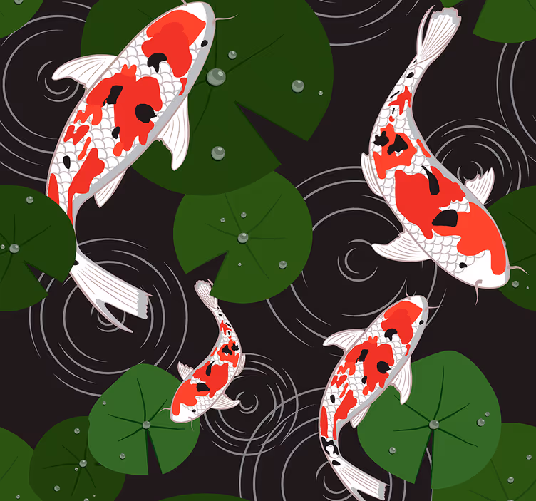 Papier peint poissons paysage d'étang de carpes koï - TenStickers