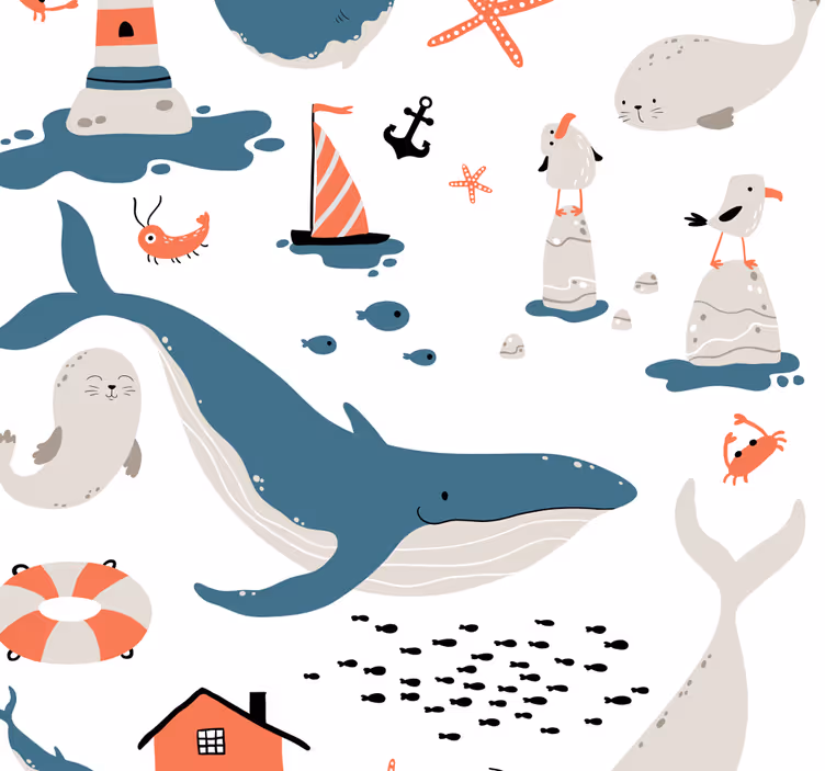 Papier peint chambre enfant avec objets thème de la mer - TenStickers